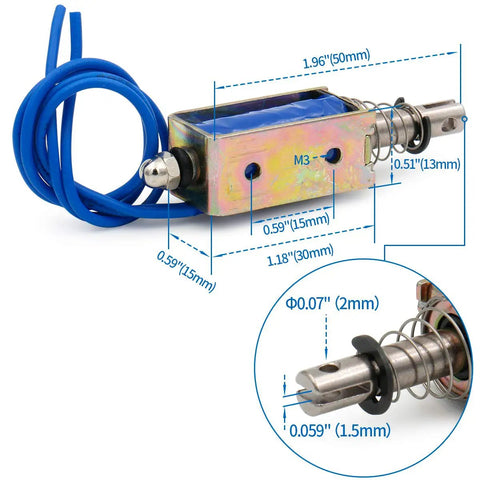 24V DC Linear Actuator Solenoid With 10mm Stroke And 5N Force Open Frame Electromagnet For DIY Projects Reliable And Compact Motion Control For Robotics And Automation Easy Mount And High Performance, 50mm blue wire side view