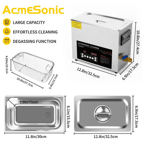 Pro Grade Straight Up Ultrasonic Cleaner With 6 Liter Digital Tank and Dual Frequency Settings for Dope Deep Cleaning on Jewelry Tools Lab Gear and Auto Parts - compact design with stainless basin and wire basket.