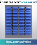 Front view of a blue 40 Drawer Parts Cabinet With Label Stickers Nut And Bolt Organizer ABS Drawers for workshop garage use.