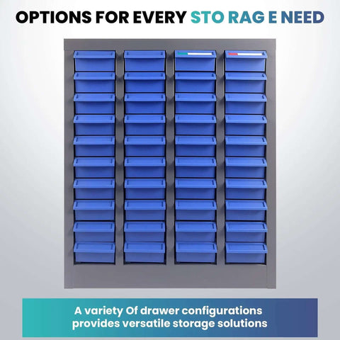 Front view of a blue 40 Drawer Parts Cabinet With Label Stickers Nut And Bolt Organizer ABS Drawers for workshop garage use.