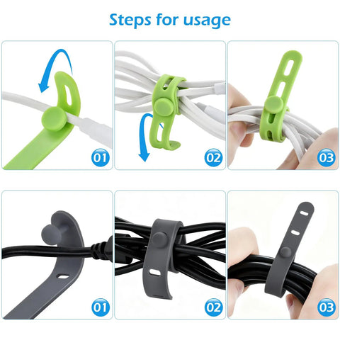 Steps to use 24 Pack Silicone Cable Ties For Desk Setup Reusable Soft Silicone Cord Wraps 5 Inch Length Four Color Assortment
