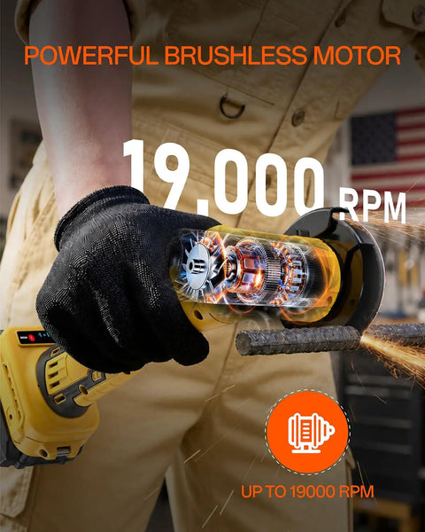 Heavy Duty Brushless Mini Circular Saw Goes Hard On Tough Stock Delivers Smooth Action Compatible With Standard 20 Volt Power Batteries Includes Six Killer Cutting Discs No Battery Or Charger Needed showcasing powerful brushless motor at 19000 RPM.