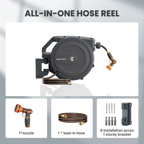 Retractable Wall Mounted Garden Hose Reel Half Inch By One Hundred Feet With Auto Rewind And Lock At Any Length In Dark Gray