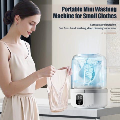 Solid Mini Portable Underwear Washer Featuring Rechargeable Battery And Ip67 Waterproof Frame For Dorm Apartment Rv Travel Deep Cleans Small Clothes Without Any Sweat Required, shown with a woman holding a small garment.