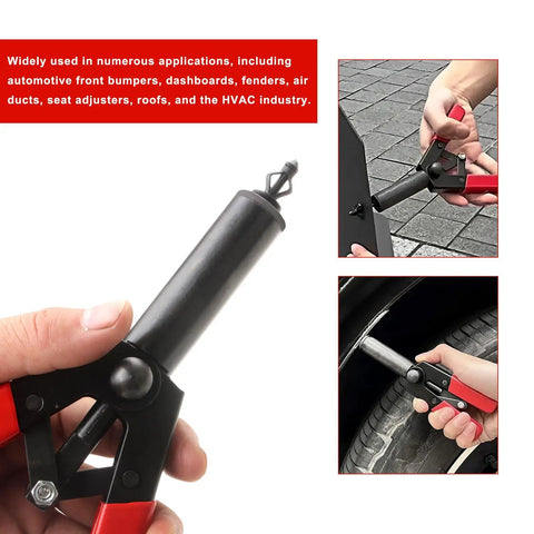 Beefy Heavy Duty Rivet Gun Set With 31 Piece Blind Rivet Kit for fastening door panels and car parts, shown in use.