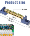 Beefy Ground Bar Kit 10 Positions For Electrical Panels Brass Terminal Block With Blue Insulated Base dimensions diagram