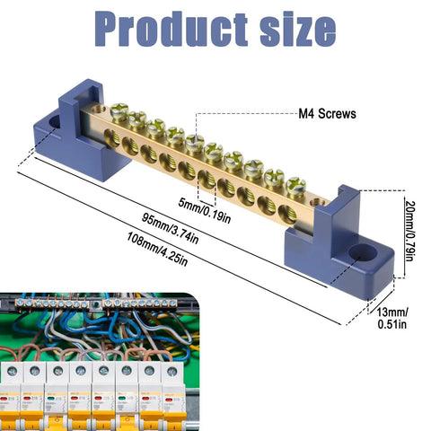 Beefy Ground Bar Kit 10 Positions For Electrical Panels Brass Terminal Block With Blue Insulated Base dimensions diagram