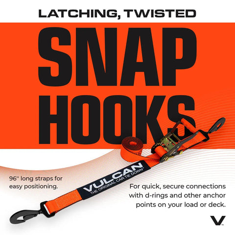 Ultimate Axle Tie Down Kit Pro Series Heavy Duty Webbing with 96-inch Snap Hook Ratchet Strap featuring Vulcan branding