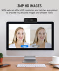 1080P HD Webcam With Built In Dual Mics And Noise Canceling Privacy Cover, 75 Degree FoV, Plug And Play USB Web Camera For PCs Laptops Desktops Macs Offering Crisp Video And Hassle Free Setup displayed on a computer monitor comparing 1080P and 720P images.
