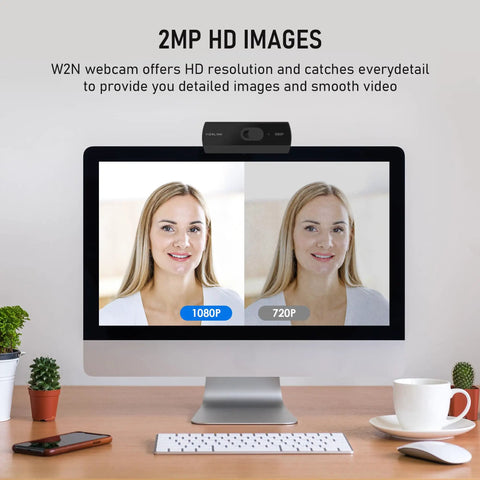 1080P HD Webcam With Built In Dual Mics And Noise Canceling Privacy Cover, 75 Degree FoV, Plug And Play USB Web Camera For PCs Laptops Desktops Macs Offering Crisp Video And Hassle Free Setup displayed on a computer monitor comparing 1080P and 720P images.