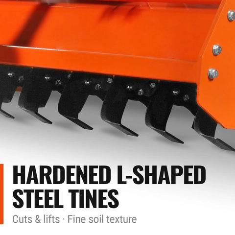 Close-up of L-shaped steel tines on 48 Inch Stone Burying Reverse Rotation Rotary Tiller With 3 Point Hitch Cat 1 Chain Drive PTO