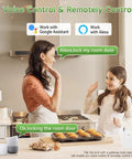 Woman and child using voice control with Alexa for Fingerprint Smart Door Lock Set With App Control And Keyless Entry Bluetooth Touchscreen Keypad Deadbolt Auto Lock Anti Peeping Low Battery Alert Privacy Mode Easy Installation Front Door Lock Black.