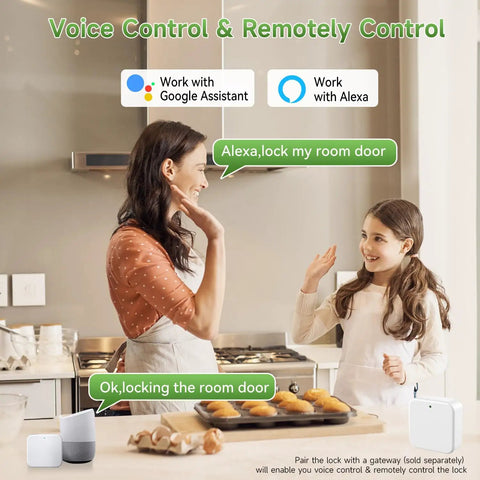 Woman and child using voice control with Alexa for Fingerprint Smart Door Lock Set With App Control And Keyless Entry Bluetooth Touchscreen Keypad Deadbolt Auto Lock Anti Peeping Low Battery Alert Privacy Mode Easy Installation Front Door Lock Black.