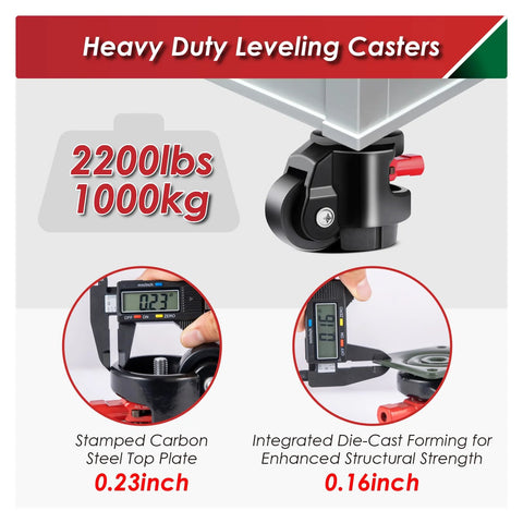 FIZAR 4-pack heavy-duty leveling casters for workbenches, 2200 lb capacity, black with red brake.