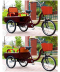 Adult Tricycle Rickshaw With Foldable Back Seat, Dual Brakes, Front Fork Shock Absorber in wine red on paved path