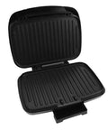 Open top view of a nonstick 1000W Electric Contact Grill for sizzling burgers and panini with dual heating plates.