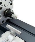 EssSthmy All-Metal Mini Wood Lathe 60W 12,000 RPM showing metal spindle and tool attachment close-up for precise turning projects.