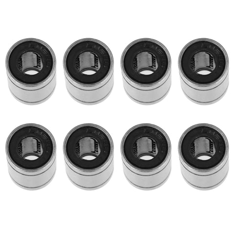 Eight LM6UU 6mm bore linear ball bearings, metal outer ring, front view