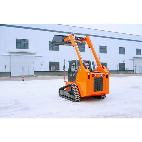 Rear view of compact track skid steer loader with enclosed cab for construction projects and material handling on site