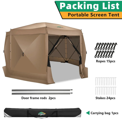 15x15 Foot Pop Up Gazebo Screen Tent For Camping Instant Hub Canopy With Mosquito Netting Spacious Screen Room Backpack Hangout Ready One Person Setup Carry Bag Ground Stakes Durable Khaki.