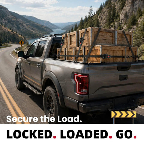 Heavy Duty Retractable Ratchet Straps 1 Inch By 10 Foot 4 Pack 1650 Lb Breaking Strength Rust Resistant Cargo Tie Downs securing wooden crates in truck bed on highway.