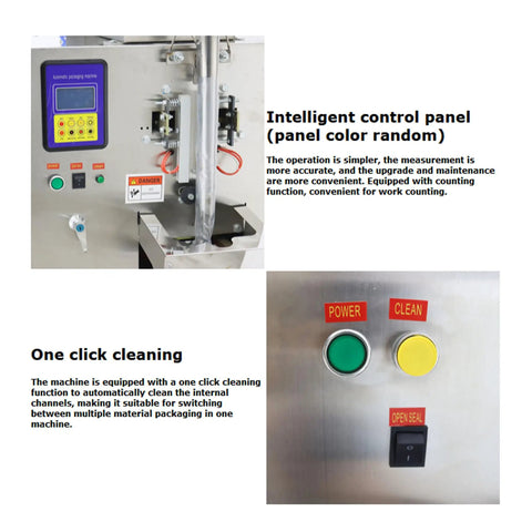 Heavy Duty Automatic Quantitative Filling And Sealing Machine With Horizontal Mixing Hopper Stainless Steel control panel and cleaning buttons.