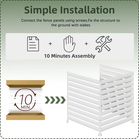 Simple installation of 42 Inch High By 38 Inch Wide Three Panel Air Conditioner Fence Panels with white steel enclosure.