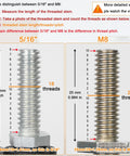 Threaded caster stem comparison: metallic 5/16-18 UNC vs M8, showing 18 vs 20 threads and scale measurements.