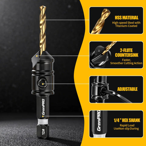 14 Piece Countersink Drill Bit Set With HSS Titanium Coated Bits For Woodworking, Pro Grade Adjustable Countersink, Magnetic Extension Bit Holder And Storage Box, Includes Sizes Four Six Eight Ten Twelve, close-up view.