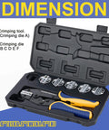 Six Piece Pro Grade Crimping Tool Set With Ratchet Action For Wire Terminals in open carrying case with six chrome dies.