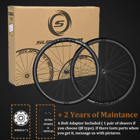 Gravel Carbon Wheelset 38 And 45 Millimeter Depth For Disc Brakes Tubeless Ready in packaging with 6 bolt adaptor included