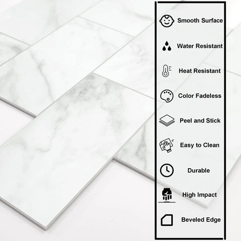 10 Sheet Subway Peel And Stick Backsplash Tiles 12 By 12 Carrara White Marble Look Self Adhesive Wall Tiles with feature icons