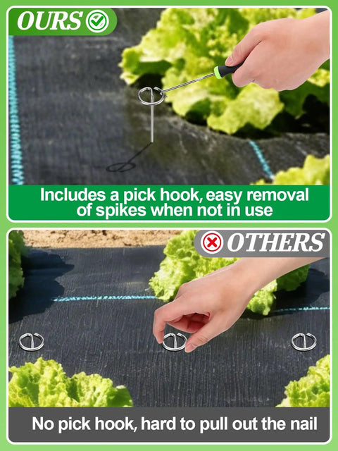 Comparison of landscape staples installation with and without 12 Inch Landscape Staples With Hook And Hammer Kit 60 Count Circle Top Garden Stakes For SOD And Edging 9 Gauge Galvanized Rust Resistant Pins Easy Install And Quick Removal Tools Included.