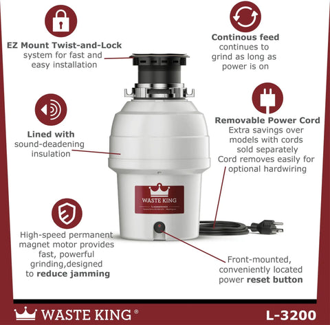 High Speed Kitchen Garbage Disposal With Power Cord Food Waste Disposer 2700 RPM 115V Motor Sound Insulated EZ Mount