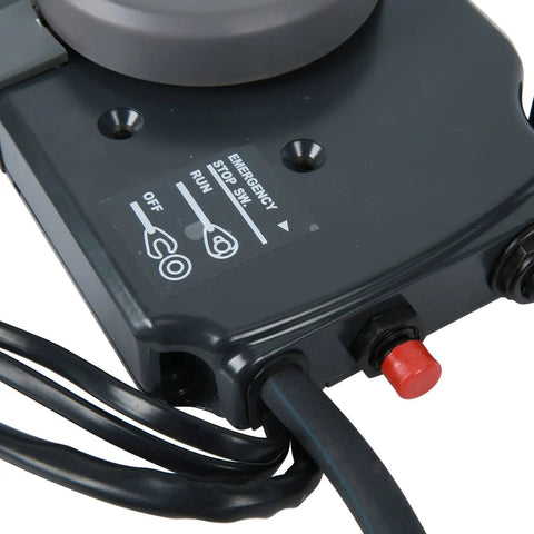 Close-up of side mount remote control box for Yamaha 10 pins outboard, showing weatherproof switchbox with red button and cables.
