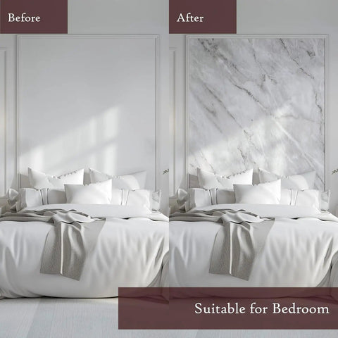 Before and after bedroom wall with Marble Look Contact Paper Easy Peel And Stick White Wallpaper 24 Inch By 78 Inch 2 Pack.