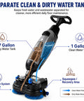 Professional Compact Battery Powered Walk Behind Floor Scrubber Machine With Built In Squeegee For Offices Salons And Restaurants That Scrubs And Dries With Zero Sweat Or Fuss showing clean and dirty water tanks.