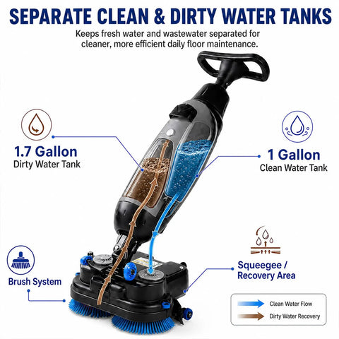 Professional Compact Battery Powered Walk Behind Floor Scrubber Machine With Built In Squeegee For Offices Salons And Restaurants That Scrubs And Dries With Zero Sweat Or Fuss showing clean and dirty water tanks.