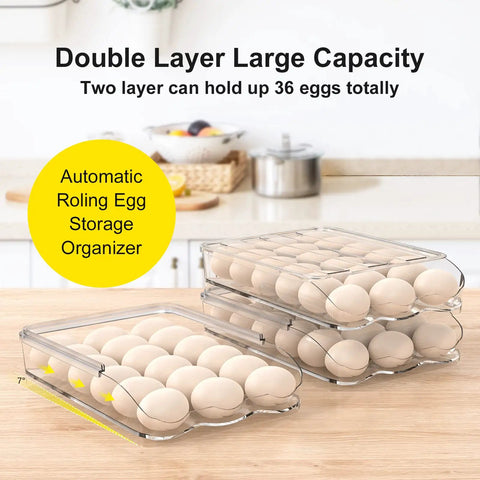 Auto Rolling Egg Holder For Fridge With 36 Egg Capacity featuring two clear layers holding eggs on a countertop.