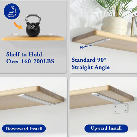 Heavy Duty L Shelf Brackets Built Tough 6 Inch Hidden Mount Corner Wall Shelves Supports One Fifth Inch Thick Metal White 4 Pack for Home DIY Projects Rust Resistant Finish shown supporting 200 lbs kettlebell.
