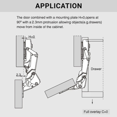 Diagram showing application of Two Pack Wide Angle Corner Lazy Susan Pantry Self Closing 155 Degree Kitchen Cabinet Door Hinges