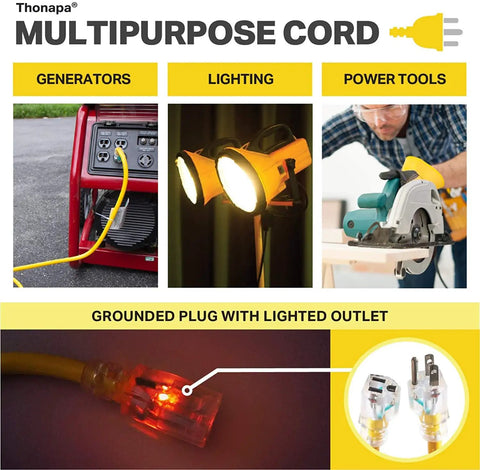 Built Tough 75 Foot 10 Gauge Outdoor Extension Cord with Lighted 3 Prong Plug shown powering tools and lights