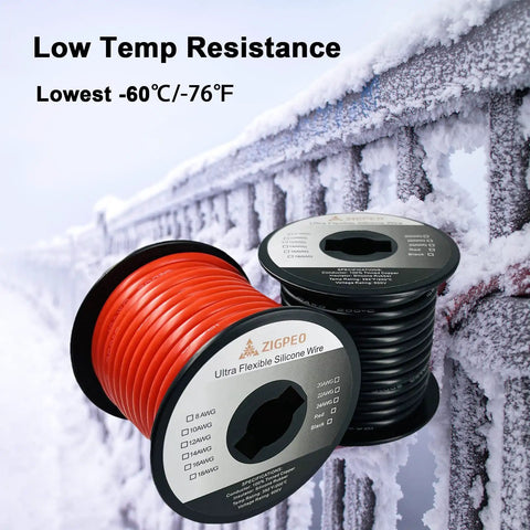 10 AWG Silicone Wire 50 Ft Red and Black Spools for RC Cars and Auto Gearheads near icy railing, low temp resistance -60°C/-76°F