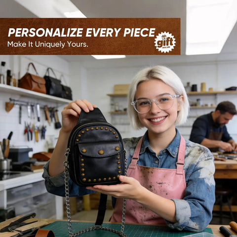 Person holding a black leather bag adorned with brass rivets, made using Leather Rivet Kit Pro Grade With 370 Brass Double Cap Rivets.