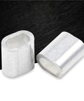 Two Heavy Duty Aluminum Cable Ferrules And Crimp Loop Sleeves M2.5 Size on a black background for secure wire termination.