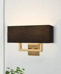 Sleek Mid Century Modern 16 Inch Two Light Wall Sconce In Cool Brass Gold Finish With Black Fabric Shade Rectangular Contemporary Bath And Hallway Lighting