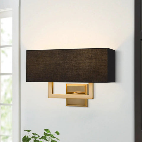 Sleek Mid Century Modern 16 Inch Two Light Wall Sconce In Cool Brass Gold Finish With Black Fabric Shade Rectangular Contemporary Bath And Hallway Lighting
