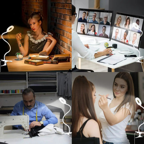 Lit Desk Clamp Lamp With LED Ring Light featuring 3 color temperatures attached to desks during reading, video calls, sewing, makeup
