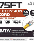 Weatherproof 75 Foot Outdoor Extension Cord 14 3 SJTW 13 Amp Heavy Duty Yellow 3 Prong With Lighted End product specs displayed