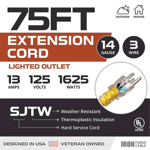 Weatherproof 75 Foot Outdoor Extension Cord 14 3 SJTW 13 Amp Heavy Duty Yellow 3 Prong With Lighted End product specs displayed